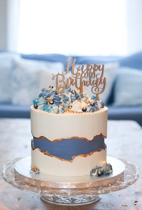Elegant Blue & White Birthday Cake