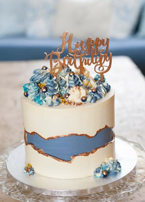 Elegant Blue & White Birthday Cake
